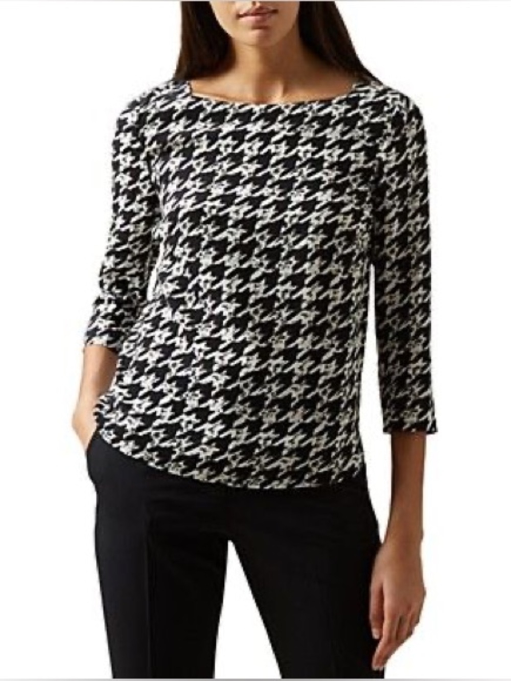 Hobbs Black & White Houndstooth Button-Back Blouse